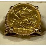 An Edward VII gold half sovereign, 1902, 9ct gold mounted as a ring, size S/T, 10.4g