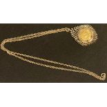 A Victorian gold full sovereign, 1900, 9ct gold mounted as a pendant with necklace chain, 23.3g