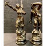 A pair of French spelter allegorical figures, Sea and Land, 60cm, turned wooden ebonised bases, c.