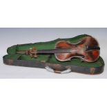 A 19th century violin, the one piece back 35cm excluding button, boxwood tuning pegs, 59cm long