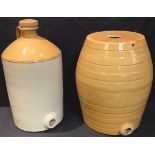 A large stoneware flagon, a similar barrel (2)