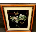 A Victorian silk painting, hummingbirds and blossoms on black silk ground, 38cm x 35cm