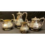A Victorian plated four piece tea service, bright engraved, fruiting finials, c.1870