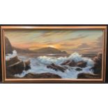 Neville Henderson (20th century Irish) Sunset Over The Coast, with waves crashing signed, dated