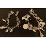 A silver charm bracelet, with seventeen charms; another, with eight charms (2)