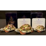 A set of three Royal Crown Derby paperweights, The Yorkshire Rose Tortoise Family, Peter Jones of