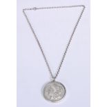 A US silver dollar, 1921, mounted as a pendant with a silver belcher link necklace chain, 37g