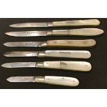 A silver and mother of pearl fruit knife, London 1891; other silver and mother of pearl fruit and
