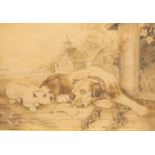 A late 19th century pyrography picture, of a dog asleep beside his kennel, a puppy approaching