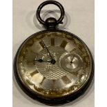 A late 19th century silver open face pocket watch, the engine turned silvered dial applied in relief