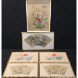 A set of four Japanese hand painted arched panels, decorated with insects and bright flowers, faux