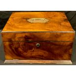 A Victorian walnut rectangular work and jewellery box, hinged cover and fall front enclosing a