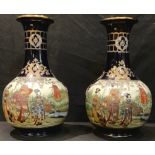 A pair of Japanese Satsuma vases, decorated with Geishas picked out in gilt, on blue ground,