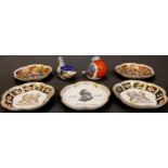 A pair of Royal Crown Derby 1128 Imari pattern petal trinket dishes, solid gold band, first quality;