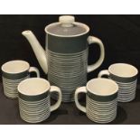 A TG Green coffee pot and four mugs, banded and incised in shades of grey and white, the coffee