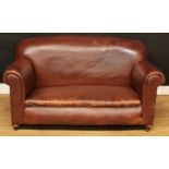 An Art Deco leather cigar club sofa, 79cm high, 152cm wide, the seat 107cm wide and 57cm deep