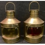 A pair of brass novelty Port and Starboard hanging ship's lanterns, 28cm over suspension loops