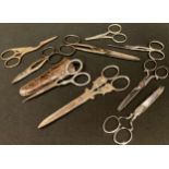 A pair of silver hafted sewing scissors, Birmingham 1905; other sewing scissors, etc