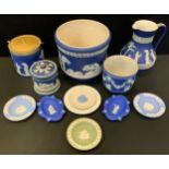 A Wedgwood blue jasper ware jug; similar trinket dishes, Adams jardinere etc