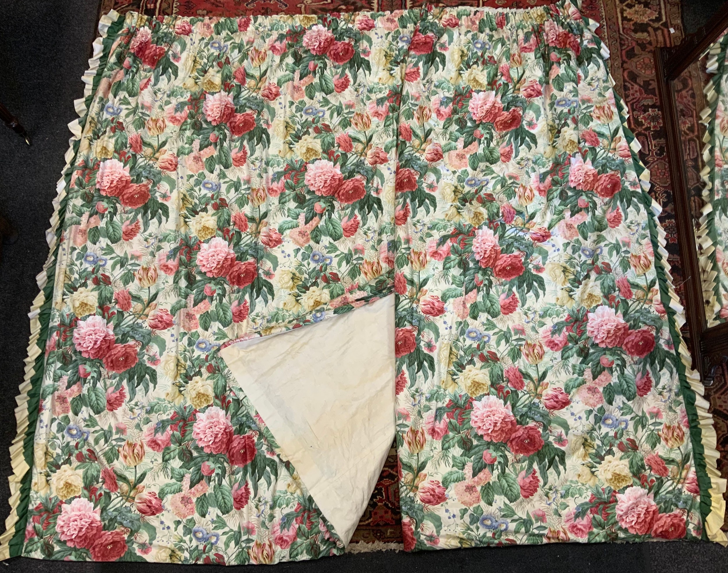 A pair of Sanderson interlined floral curtains, 210cm length x 192cm width.