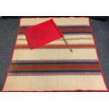 LMS carriage compartment woollen rug, banded in colours, embroidered LMS to centre, 164cm x 164cm; a