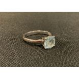 An Aquamarine solitaire ring, single cushion cut aquamarine approx 1.20ct, 9ct white gold shank,