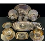 A 19th century EPBM silver plated teapot; silver plated three piece tea set; oval trays etc