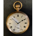 A 9ct gold cased open face pocket watch, cream dial, Roman Numerals, Swiss button wind movement,