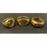 A 9ct gold garnet signet ring, size P; others 9ct gold Cz panel ring; textured 9ct gold ring, 12.