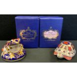 A Royal Crown Derby paperweight, Tortoise, printed mark, gold stopper; another, Frog, boxed (2)