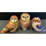 A Royal Crown Derby paperweight, Tawny Owl, gold stopper; others, Short Eared Owl; Barn Owl (3)