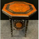 A Victorian hexagonal burr walnut and ebony occasional table, c1870 70cm high 56cm wide