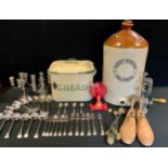 Kitchenalia - an enamel bread bin; Spong and Co Ltd bean slicer; meat grinder; pair of candlesticks;