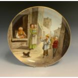 A French Montereau B. and Cie circular charger, painted by Furlaud, with Pied Piper, 33cm diam,