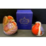 A Royal Crown Derby paperweight, Cockerel printed mark, gold stopper, boxed; another, Robin ,