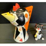 A Lorna Bailey storage Chicken design teapot, signed; Trumpeter Cat, signed (2)