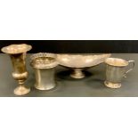 Silver - an embossed silver boat dish, stamped silver; christening cup; vase with glass liner etc,