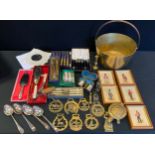 A brass jam pan; a set of mother-of-pearl opera glasses; flatware military prints; etc