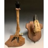 Taxidermy - a deer hoof lamp base, 43cm high; a similar hoof coat/hat hook, mahogany shield mount (