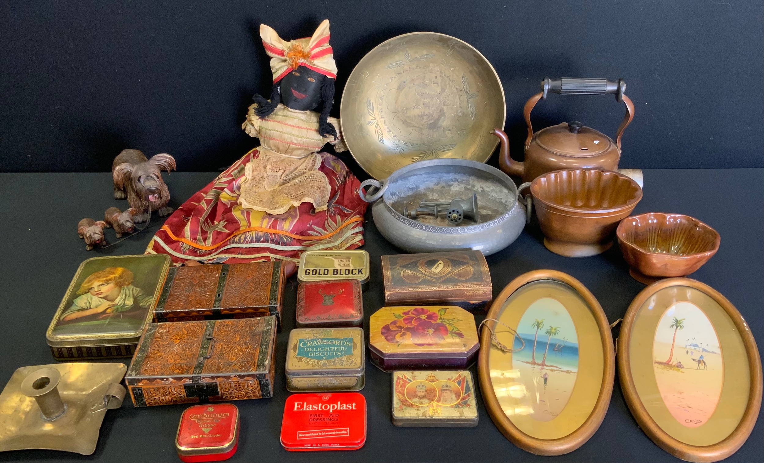 Kitchenalia- jelly moulds; mincer; old tins; Black Forest terriers; black girl doll; brass Persian