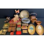 Kitchenalia- jelly moulds; mincer; old tins; Black Forest terriers; black girl doll; brass Persian