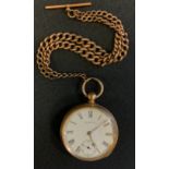 A Waltham 10ct gold cased open face pocket watch, mechanical movement, 46mm diameter, suspended from