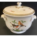 A Herend Rothschild pattern ice bucket and cover, decorated with birds, 17.5cm high, 23cm diameter