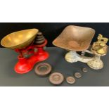 Kitchenalia - a set of Victor cast iron kitchen scales, others l bell weights, tower weights etc