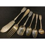 Flatware - a Victorian silver fork, London 1871; fish knife, London 1889; pair of mustard spoons,