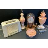 An alabaster table lamp, as an urn, another ; bowl; dome clock; Ecko portable radio; etc
