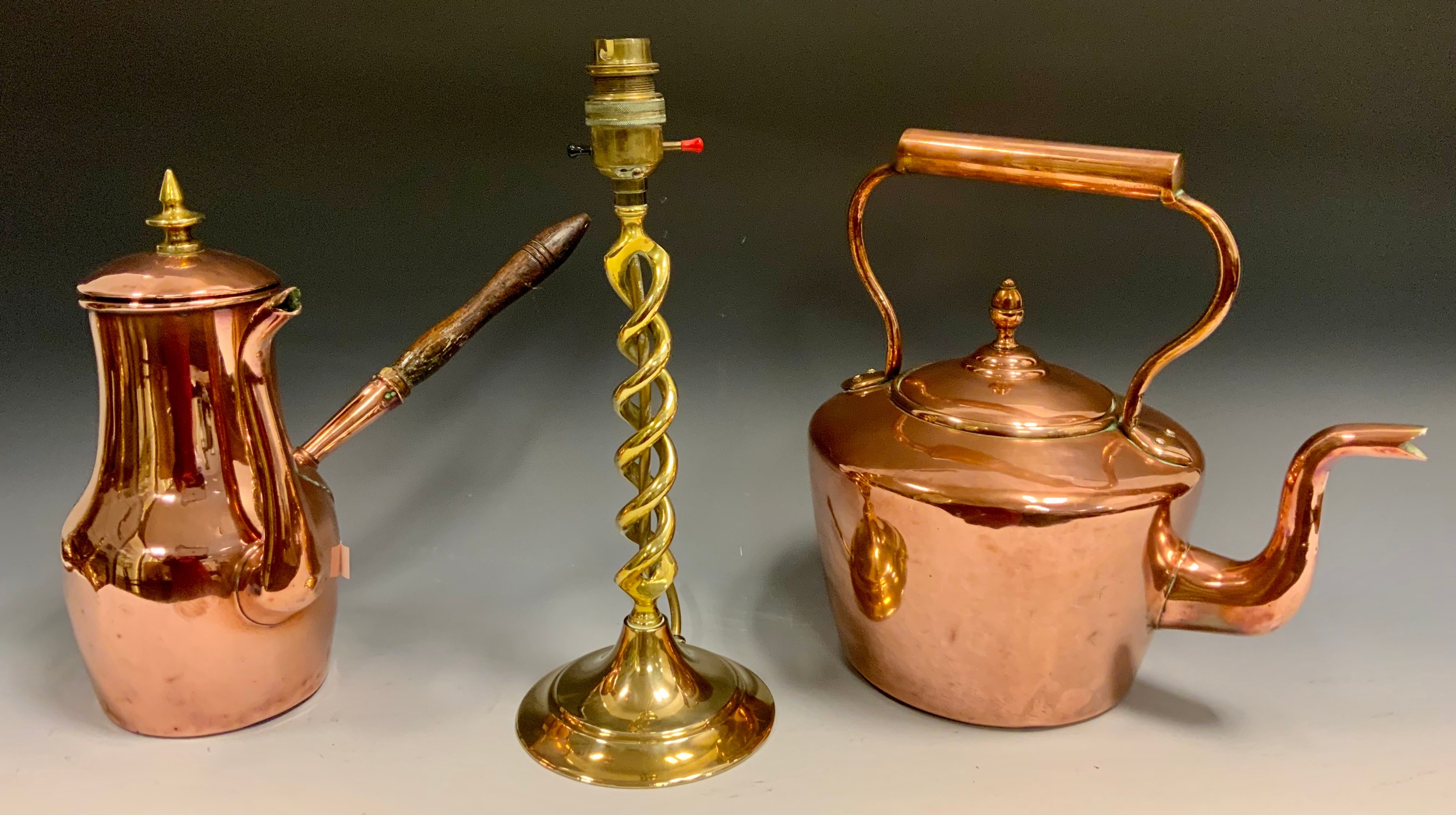 A Victorian copper kettle, acorn finial, 28cm high, c.1860; a copper coffee pot, off set handle,