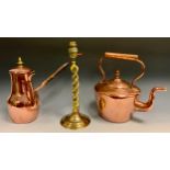A Victorian copper kettle, acorn finial, 28cm high, c.1860; a copper coffee pot, off set handle,