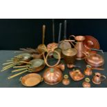 Brass & Copper - a set of five graduated copper bowl saucepans; other sets four; kettle, jug; etc