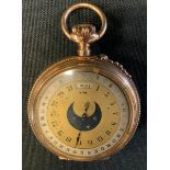 A Swiss gold coloured metal calendar back open face pocket watch, white enamel dial, bold roman